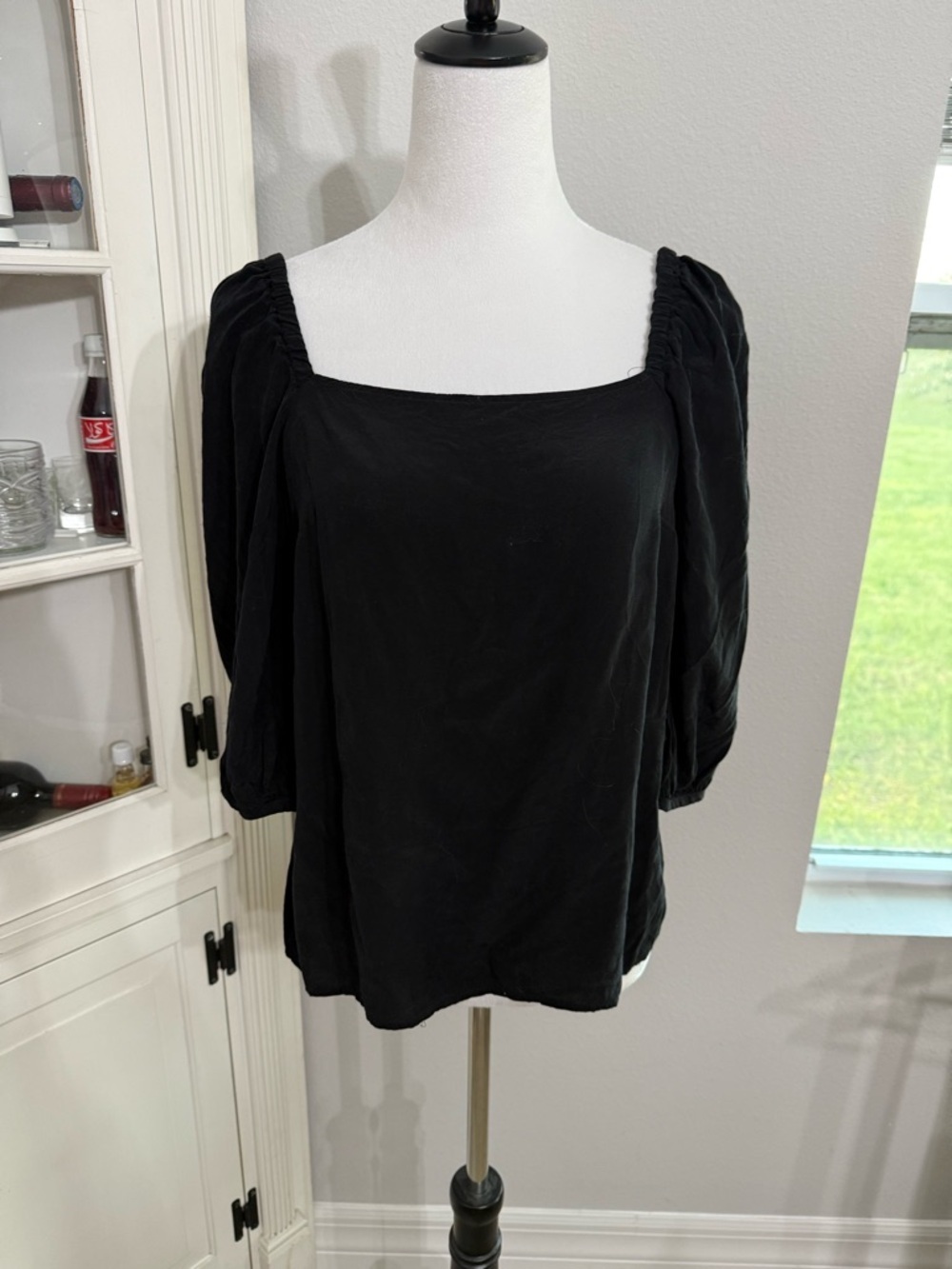 Whistles Black Square-Neck Puff Sleeve Blouse